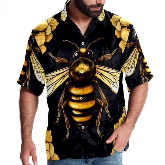 Starry Bees in the Sky Men's Short Sleeve Hawaiian Shirt Button Down Poplin Beach Casual Printed Unisex Summer Tops