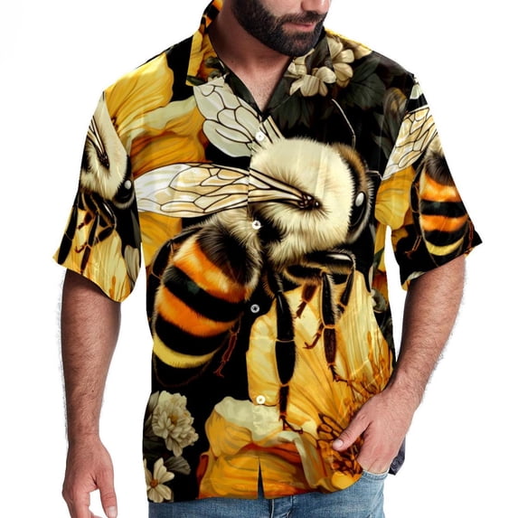 Starry Bees in the Sky Men's Short Sleeve Poplin Shirt, Casual Printed Button Down, Summer Beach Hawaiian Shirts, Unisex