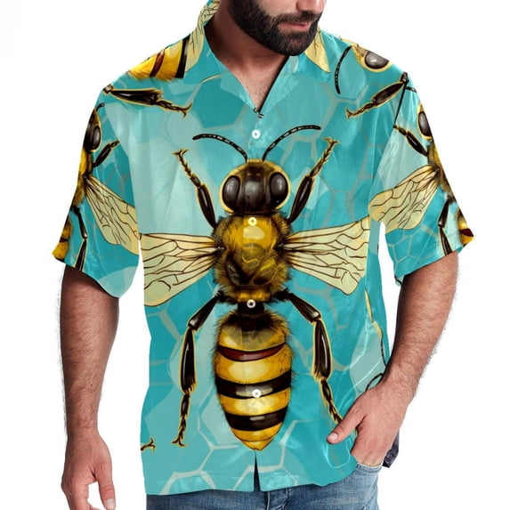Starry Bees in the Sky Men's Short Sleeve Printed Button Down Hawaiian Beach Shirts