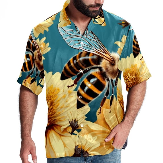 Starry Bees in the Sky Men's Short Sleeve Printed Button Down Hawaiian Beach Shirts