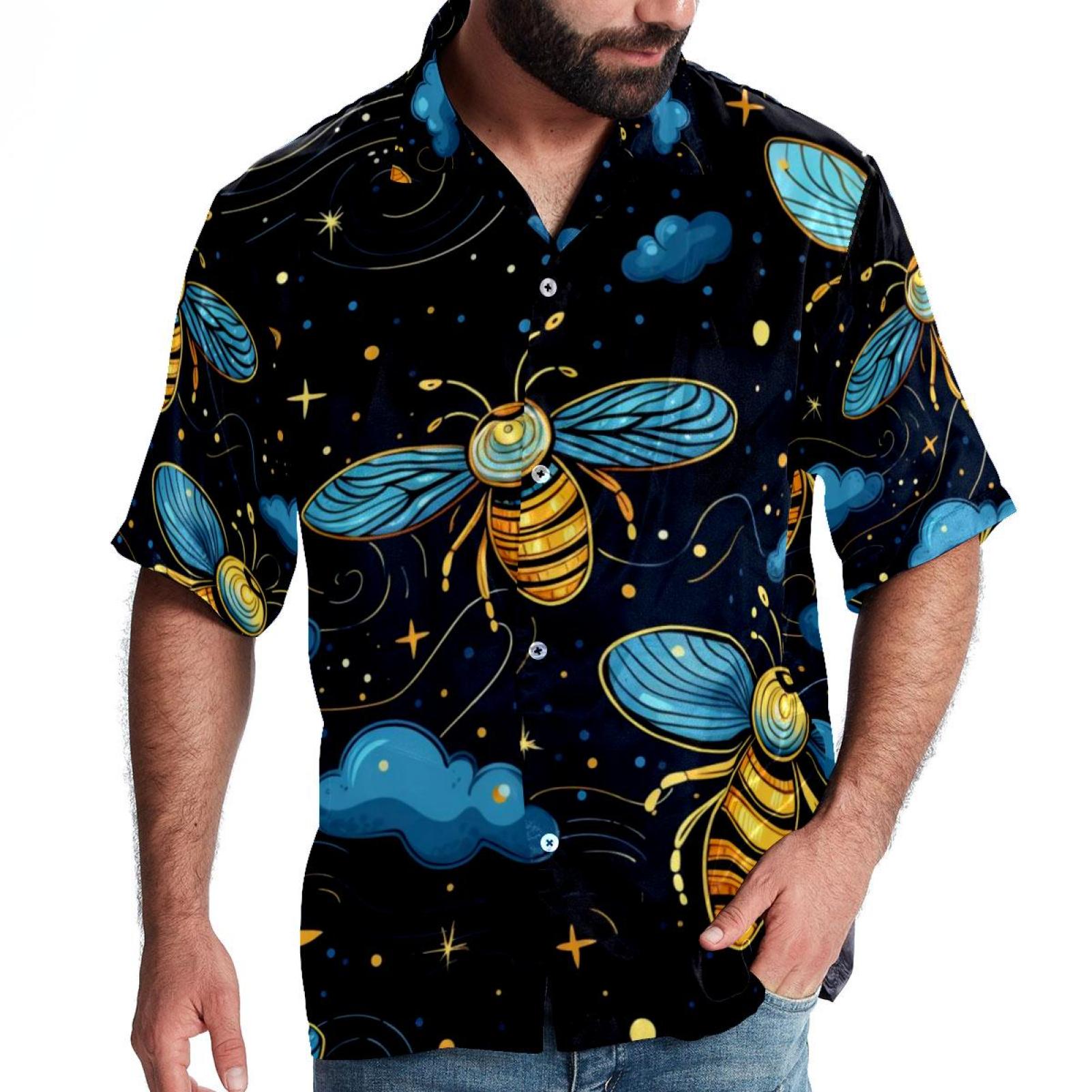 Starry Bees in the Sky Men's Spread Collar Tops, Casual Button Down ...
