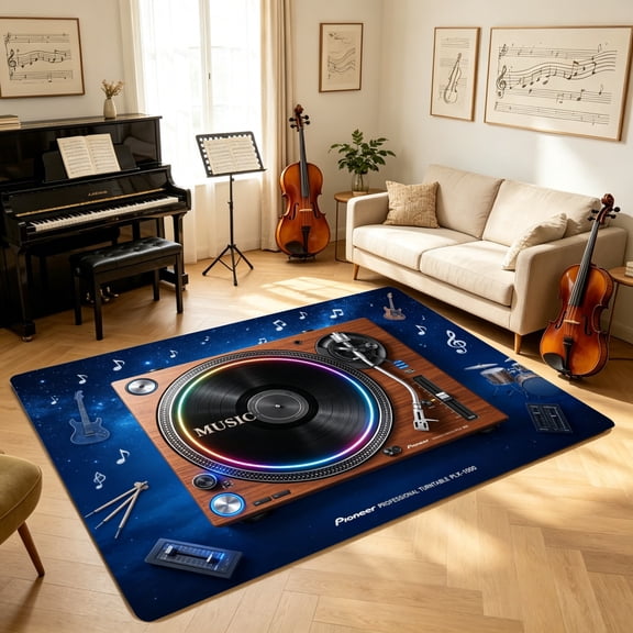 Starry Blue Retro Record Guitar Drum Music Floor Mat, Living Room Bedroom Office Carpet, Holiday Housewarming Gift for Retro Music Lovers