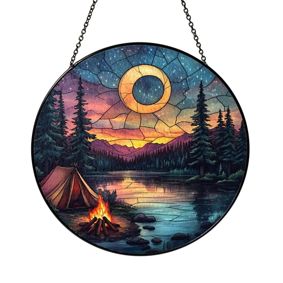Starry Camping Scene Stained Glass Suncatcher Window Art, Cozy Campfire Sunset Reflection Panel