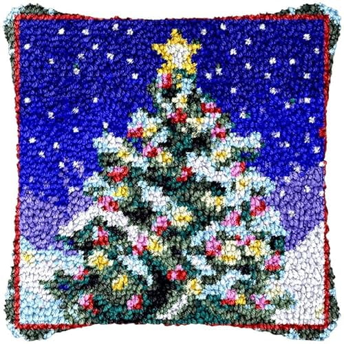 Starry Christmas Tree Latch Hook Pillowcase Kits for Adults and Starter DIY Cushion Cross Stitch Latch Hook Rug Kits with Preprinted Canvas Crochet Yarn Kits Needlework Crafts 17'' X 17''