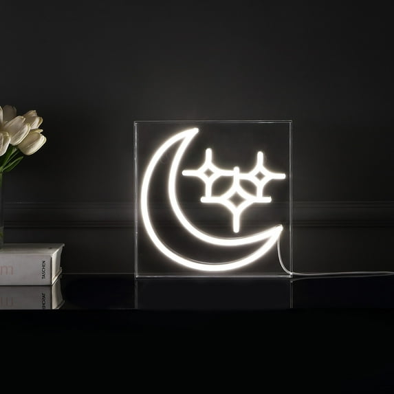 Starry Crescent 10" Square Contemporary Glam Acrylic Box USB Operated LED Neon Light, White