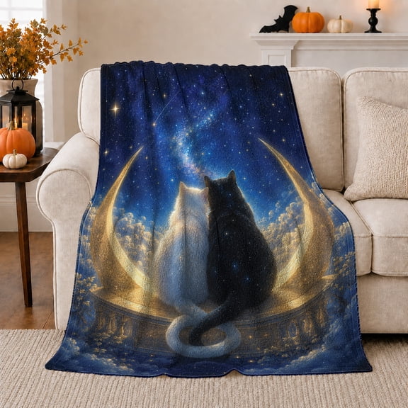 Starry Crescent Moon Black White Cats Celestial Fantasy, Peaceful Pet Portrait Pattern, Warm Flannel Blanket for Living Room and Reading Nook, Cat Lovers Friendship Gift, Pet Lover Home Decor