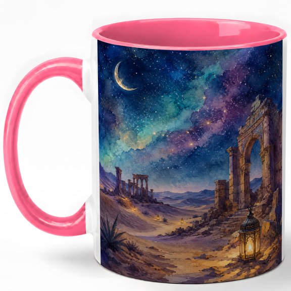 Starry Desert Ruins 11oz Ceramic Mug, Lantern Night Sky Art