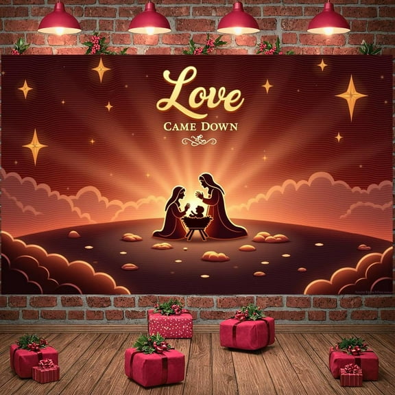 Starry Design Love Came Down Banner Religious Theme Nativity Banner Golden Star Red Background Christmas Banner for Christmas Decoration Church Event Religious Ceremony
