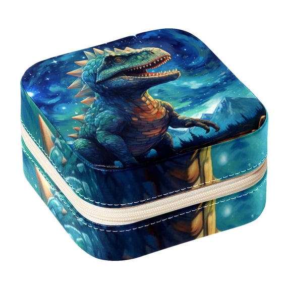 Starry Dinosaur Decorative Square Travel Portable Jewelry Display Box - Earring Organizer, Necklace and Bracelet Storage Case for Girls and Women