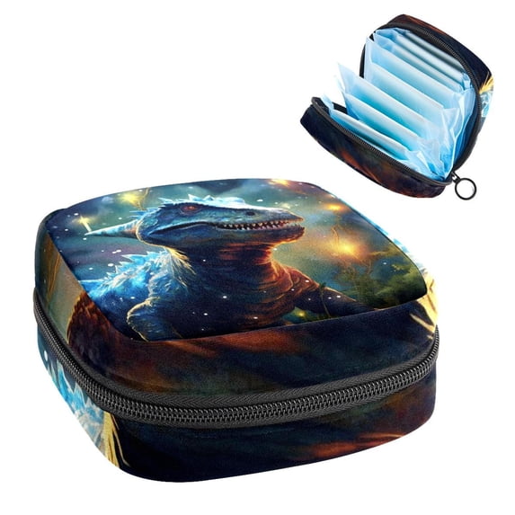 Starry Dinosaur Velvet Period Bag Storage Organizer for Tampons and Pads, Small Bag with Sponge and Oxford Cloth, 4.7x6.6x6.6 in, Period Pouch