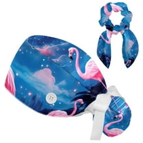 Starry Flamingos Adjustable Scrub Cap Hat with Button, Working Hat Sweatband with Bow Hair Scrunchy for Woman