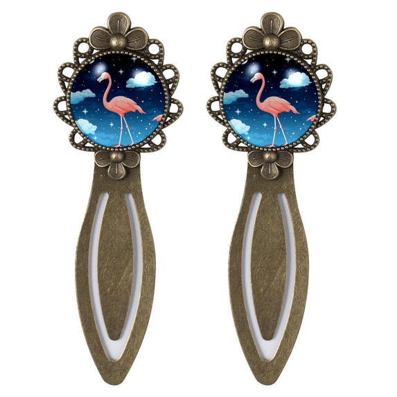 Starry Flamingos Vintage Copper-Colored Lace Bookmarks: Stainless Steel Reading Accessories for Book Lovers - Set of 2