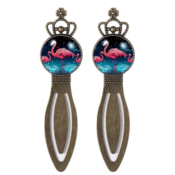 Starry Flamingos Vintage Copper Crown-Shaped Bookmarks: Stainless Steel Material, Gift for Book Lovers - Includes 2 Bookmarks!