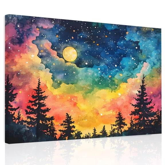 Starry Galaxy Canvas Print Wall Art, Full Moon Forest Pine Forest Nature Wall Decor Modern Artwork Paintings Pictures for Living Room Framed and Stretched Ready to Hang 24" x 32"