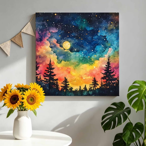 Starry Galaxy Canvas Wall Art for Living Room, Full Moon Forest Pine Forest Nature Poster Print Painting for Bedroom Office Home Decoration Wall Pictures Prepare To Hang 16"x16"