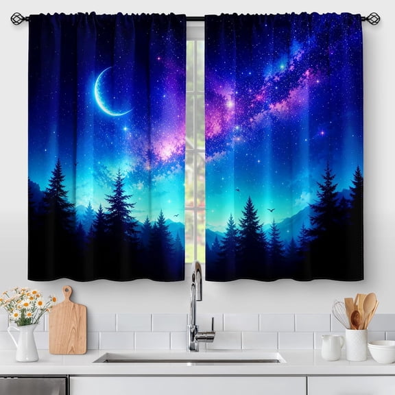 Starry Galaxy Crescent Moon Pine Forest Night View Window Curtains for Kitchen Home Decoration