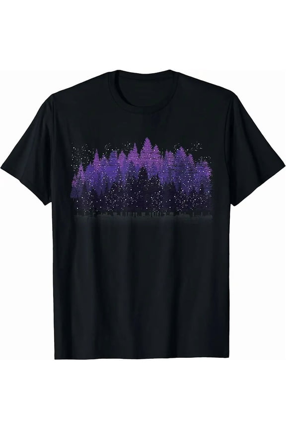 Starry Galaxy Forest Pine Tree Unisex Casual Short Sleeve Graphic Tee Shirt