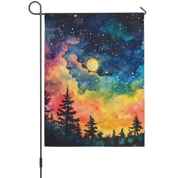 Starry Galaxy Garden Flag 12 x 18 Inches, Full Moon Forest Pine Forest Nature Weather Proof Outdoor Patio Flags Double Sided Small Garden Decoration for Yard Outside Home