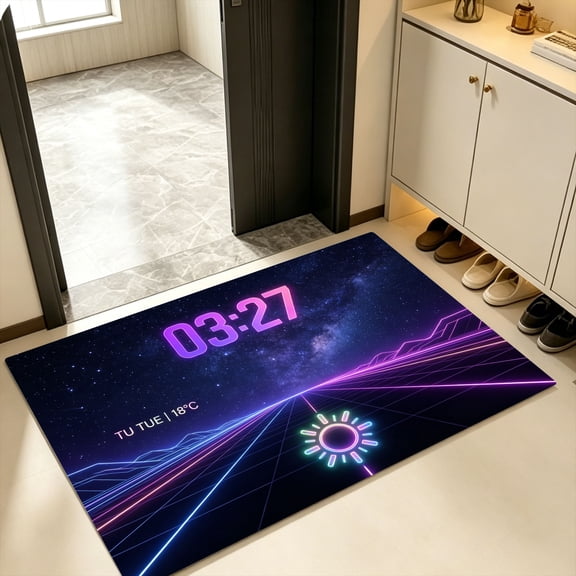Starry Galaxy Grid Tunnel Dot Tube Minimal HUD Neon Clock Tue Sun Celsius Temp Doormat, Kitchen Bedroom Entry Rug, Halloween Simple Futuristic Perspective Grid Cyber Neon Decor Gift