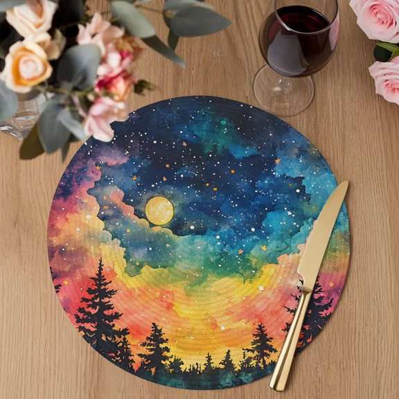 Starry Galaxy Round Braided Placemats Set of 8, Full Moon Forest Pine Forest Nature Heat Insulation Place Mats Washable Non-Slip Table Mats for Kitchen Dining Party, 15 Inches