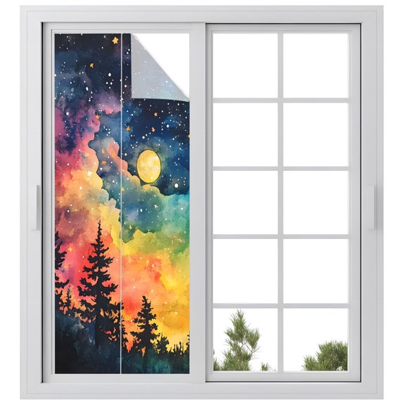 Starry Galaxy Window Privacy Film Full Moon Forest Pine Forest Nature Decorative Glass Window Film UV Blocking Static Cling Non-Adhesive Sticker Covering for Home Door 23.6 x 59 inches