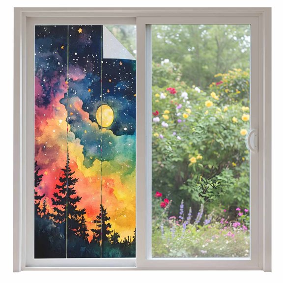 Starry Galaxy Window Privacy Film Full Moon Forest Pine Forest Nature Decorative Glass Window Film UV Blocking Static Cling Non-Adhesive Sticker Covering for Home Door 35.4x78.7 inches