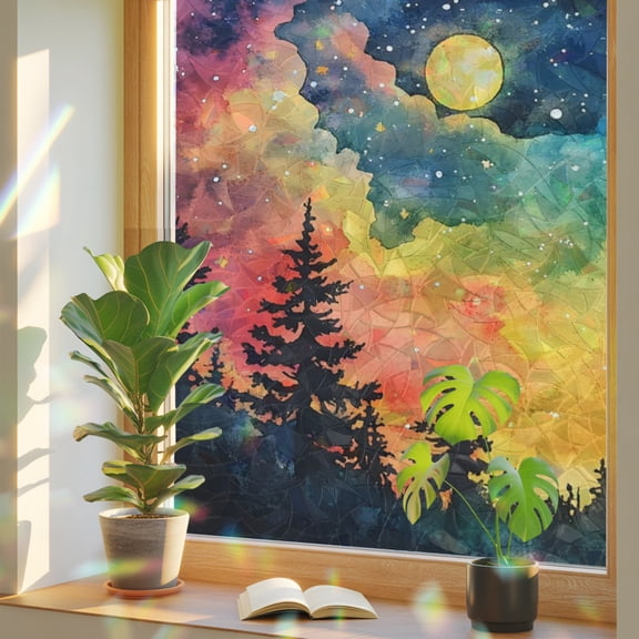 Starry Galaxy Window Privacy Film, Full Moon Forest Pine Forest Nature Stained Glass Rainbow Film Decorative Window Clings, Static Cling Sun Blocking Stickers 23.6" x 59"