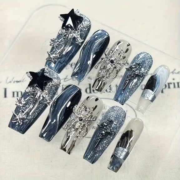 Starry Glitter Coffin Nail Set Halloween Spider Decor 10Pcs