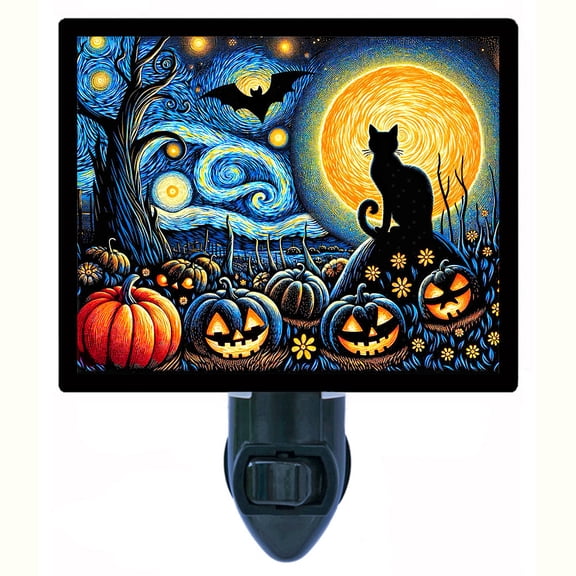 Starry Halloween Night Light Black Cat and Pumpkins Under a Swirling Moonlit Sky, Vibrant Fall Dcor, Free Switchable Insert
