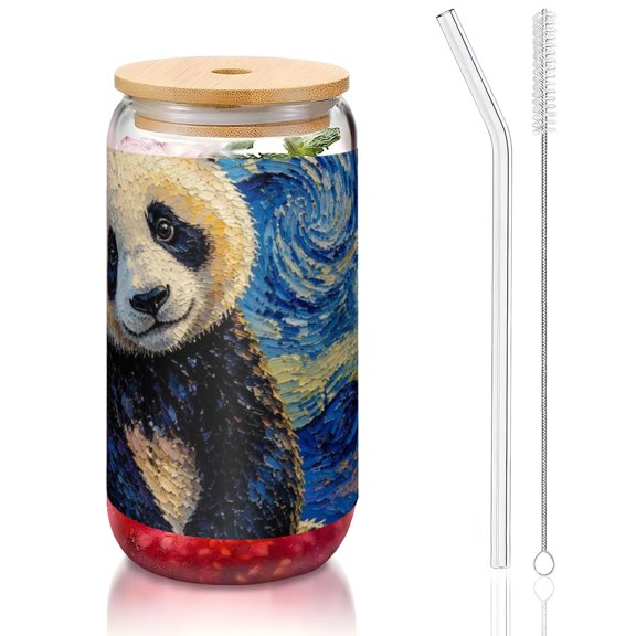 Starry Impressionist Panda Poster 16oz Can Shaped Glass Cup with Bamboo Lid Straw Brush, Reusable Iced Coffee Beer Can Glass Tumbler for Soda, Tea, Cocktails
