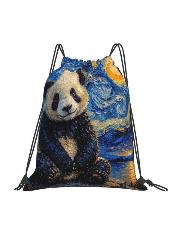 Starry Impressionist Panda Poster Large Drawstring Backpack Casual Cinch Sack Bag Backpack for Sports Hiking Travel Gym
