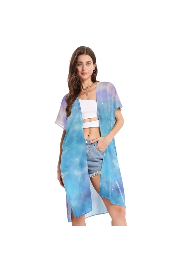 Starry Light Blue Sky Women Swimsuit Cover up V Neck Beach Dress Short Sleeve Vacation Outfits Swimwear