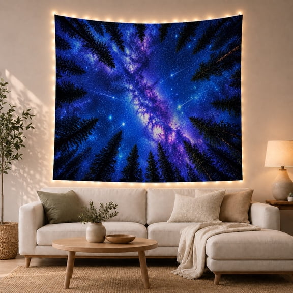 Starry Milky Way Over Forest Canopy in Mystical Celestial Style for Astronomy Lovers, Cosmic Space Wall Art, Housewarming Gift, Tapestry Wall Hanging for Bedroom and Living Room