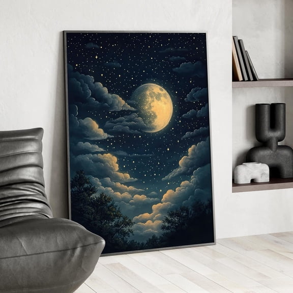 Starry Moon Cloud Wall Art Dreamy Celestial Decor, Unframed Paper Print Size 8x12