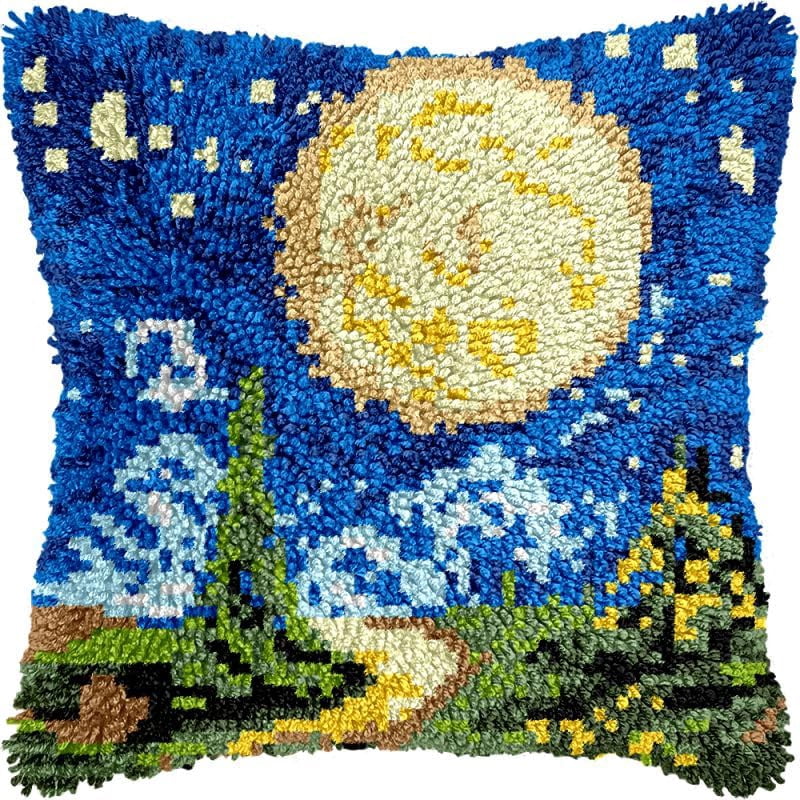 Starry Moon Latch Hook Pillow Kits Cushion Pillowcase with Pattern Printed Canvas Sofa Hooking Pillows Crafts Embroidery Latch Hooking Crochet Kits 17x17 inch(37)