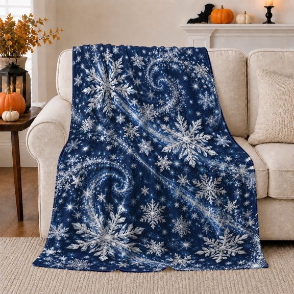 Starry Navy Blue Snowflake Winter Scene, Peaceful Mountain Lake Scene, Warm Flannel Blanket for Cabin and Lodge, Outdoor Lovers Camping Gift, Festive Home Decor