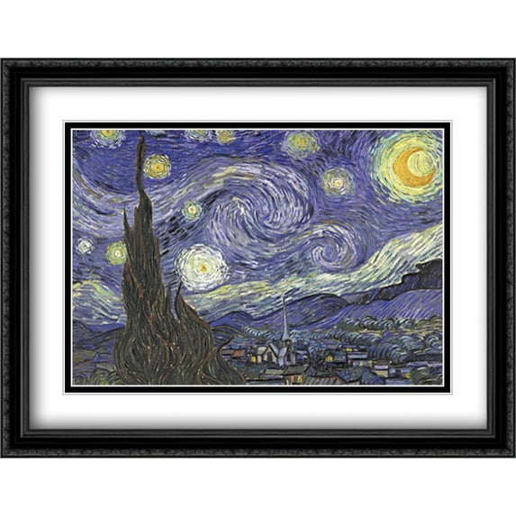 Starry Night 2x Matted 40x28 Large Black Ornate Framed Art Print by Vincent Van Gogh