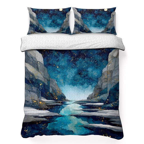 Starry Night 3 Piece Quilt Bedding Set with 2 Pillow Shams, Nature Moon Canyon River Abstract Lightweight Bedspread Coverlet, Soft Breathable All Season Quilt, 68 x 86 Inch