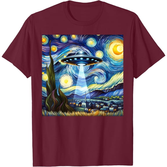 Starry Night Alien Van Gogh Sky Painting Art UFO Alien Unisex T-Shirt for Men Women Kids,Maroon Color,Size XL