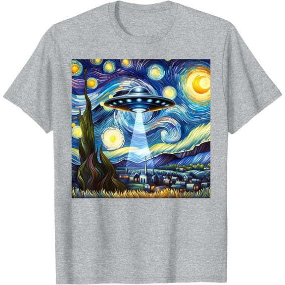 Starry Night Alien Van Gogh Sky Painting Art UFO Alien Unisex T-Shirt for Men Women Kids,Sport Grey Color,Size L