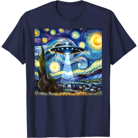 Starry Night Alien Van Gogh Sky Painting Art UFO Alien Unisex T-Shirt for Men Women Kids