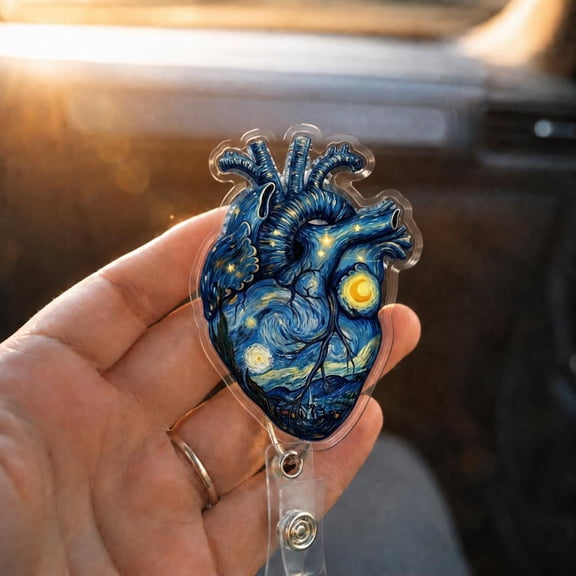 Starry Night Anatomical Heart Badge Reel, Cardiology Celestial Art Van Gogh Aesthetic Retractable Badge Holder, Nurse Dark Academia Medical