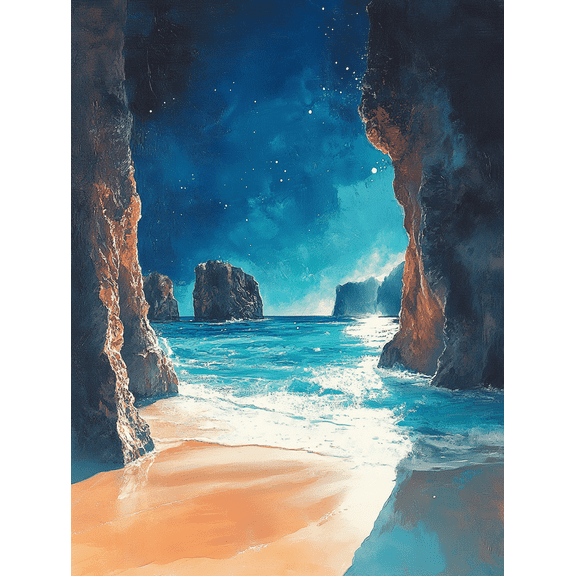Starry Night Beach Canvas Painting Suitable for Living Room and Hotel Decoration.