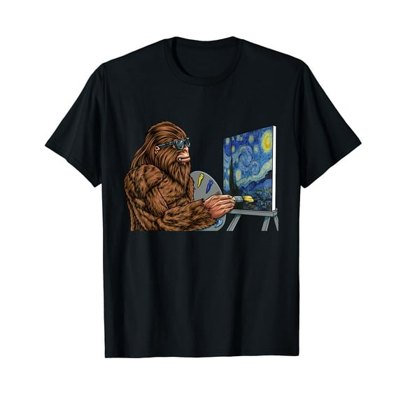 Starry Night Bigfoot Painting - Funny Sasquatch Graphic Art T-Shirt