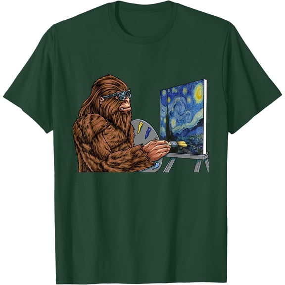 Starry Night Bigfoot Painting Funny Sasquatch Graphic Art Unisex T-Shirt for Men Women Kids Toddler,Forest Green Color,Size M