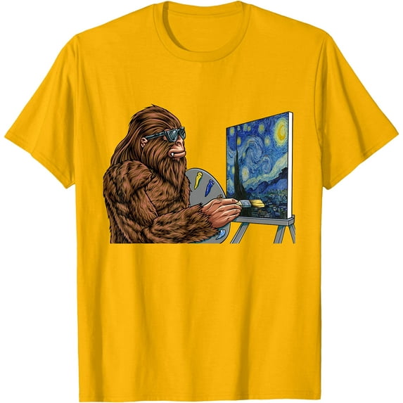 Starry Night Bigfoot Painting Funny Sasquatch Graphic Art Unisex T-Shirt for Men Women Kids Toddler,Gold Color,Size YS