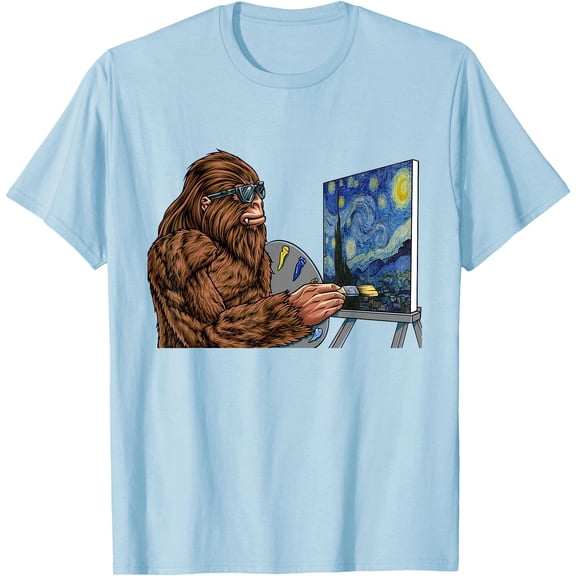 Starry Night Bigfoot Painting Funny Sasquatch Graphic Art Unisex T-Shirt for Men Women Kids Toddler,Light Blue Color,Size 2T