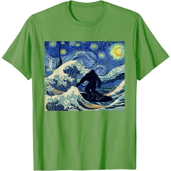 Starry Night Bigfoot Surfing Great Wave off Kanagawa Unisex T-Shirt for Men Women Kids Toddler,Lime Color,Size YXL