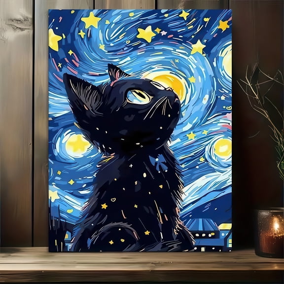 Starry Night Black Cat Canvas Wall Art Framed Print