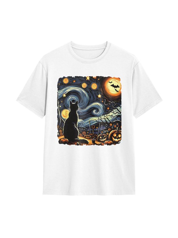Starry Night Black Cat Jack Lantern Spooky Casual Halloween Graphic Holiday T-Shirt, Size S-5XL